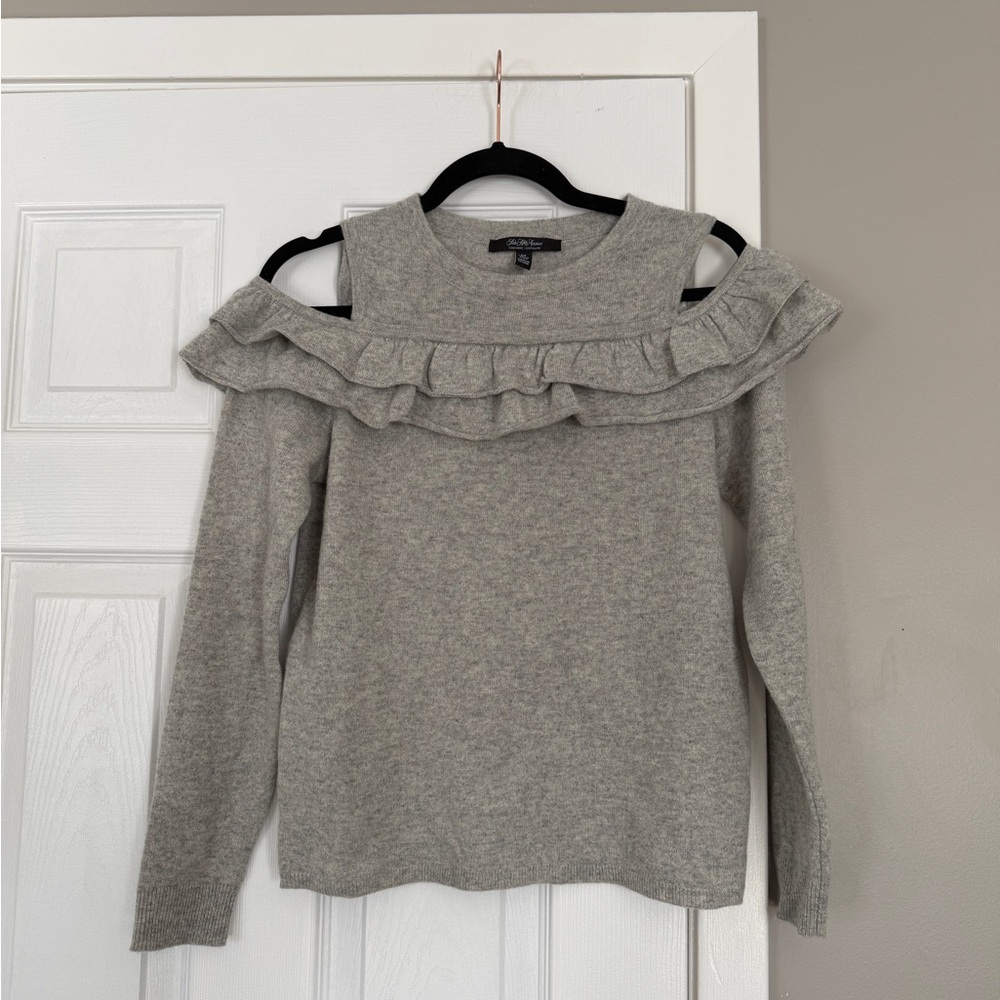 Saks Fifth Avenue 100% Cashmere Cold Shoulder Ruffles Sweater Top Cozy Cabincore